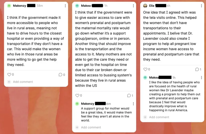 A screenshot of a padlet board where two students discuss solutions to a maternal health issue.